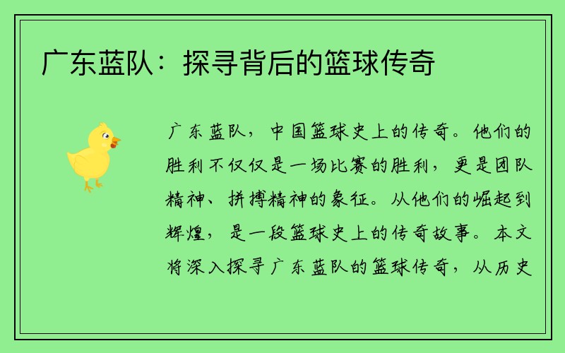 广东蓝队：探寻背后的篮球传奇