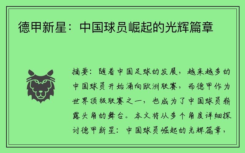 德甲新星：中国球员崛起的光辉篇章